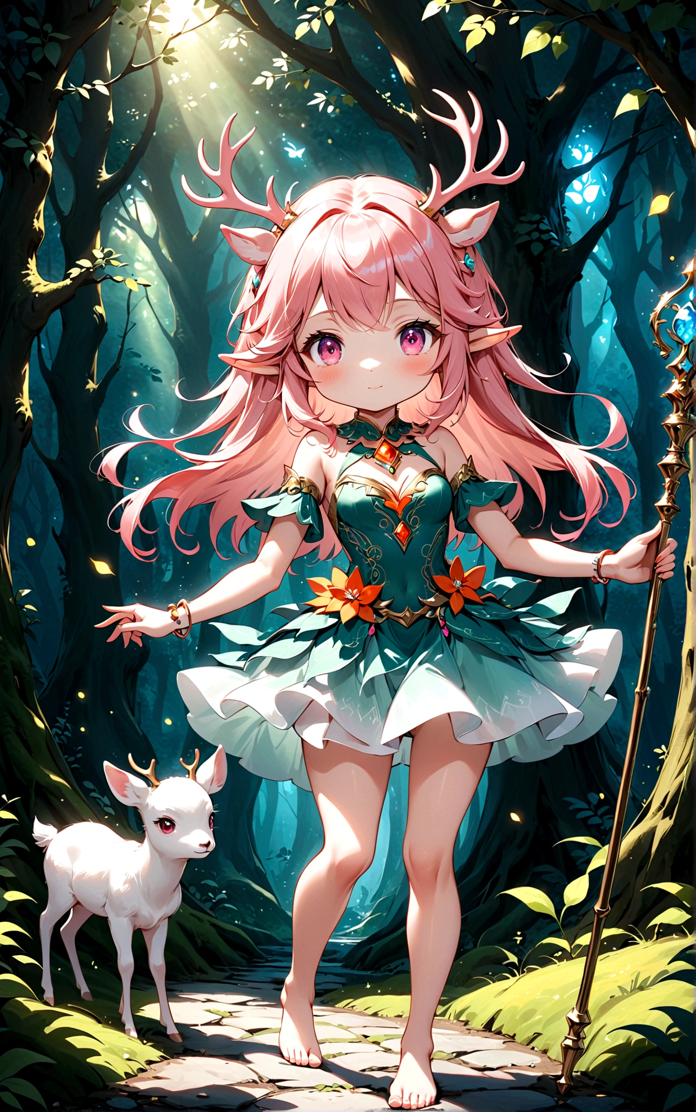 game character，Cartoon anime style，beautiful girl，Cute expression，Fluffy pink hair，Pink Eyes，Cute pink deer antlers，Elf ears，Orange tulle short skirt，Metal gem-encrusted scepter glows，Slender legs，Standing barefoot，Foot ring。(((Correct human anatomy)))，In the magic forest，A cute white deer