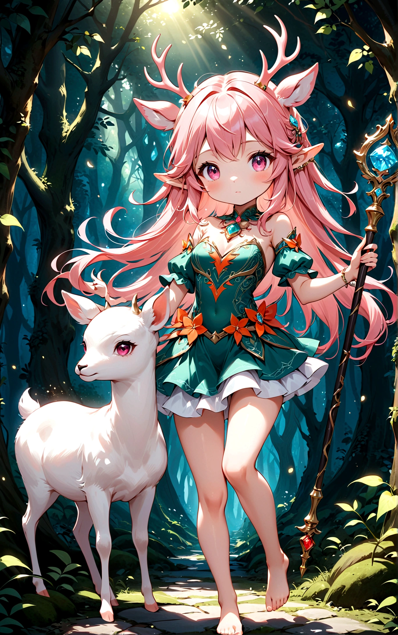 game character，Cartoon anime style，beautiful girl，Cute expression，Fluffy pink hair，Pink Eyes，Cute pink deer antlers，Elf ears，Orange tulle short skirt，Metal gem-encrusted scepter glows，Slender legs，Standing barefoot，Foot ring。(((Correct human anatomy)))，In the magic forest，A cute white deer