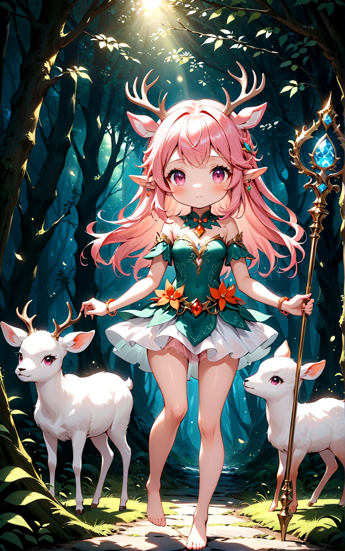 game character，Cartoon anime style，beautiful girl，Cute expression，Fluffy pink hair，Pink Eyes，Cute pink deer antlers，Elf ears，Orange tulle short skirt，Metal gem-encrusted scepter glows，Slender legs，Standing barefoot，Foot ring。(((Correct human anatomy)))，In the magic forest，A cute white deer