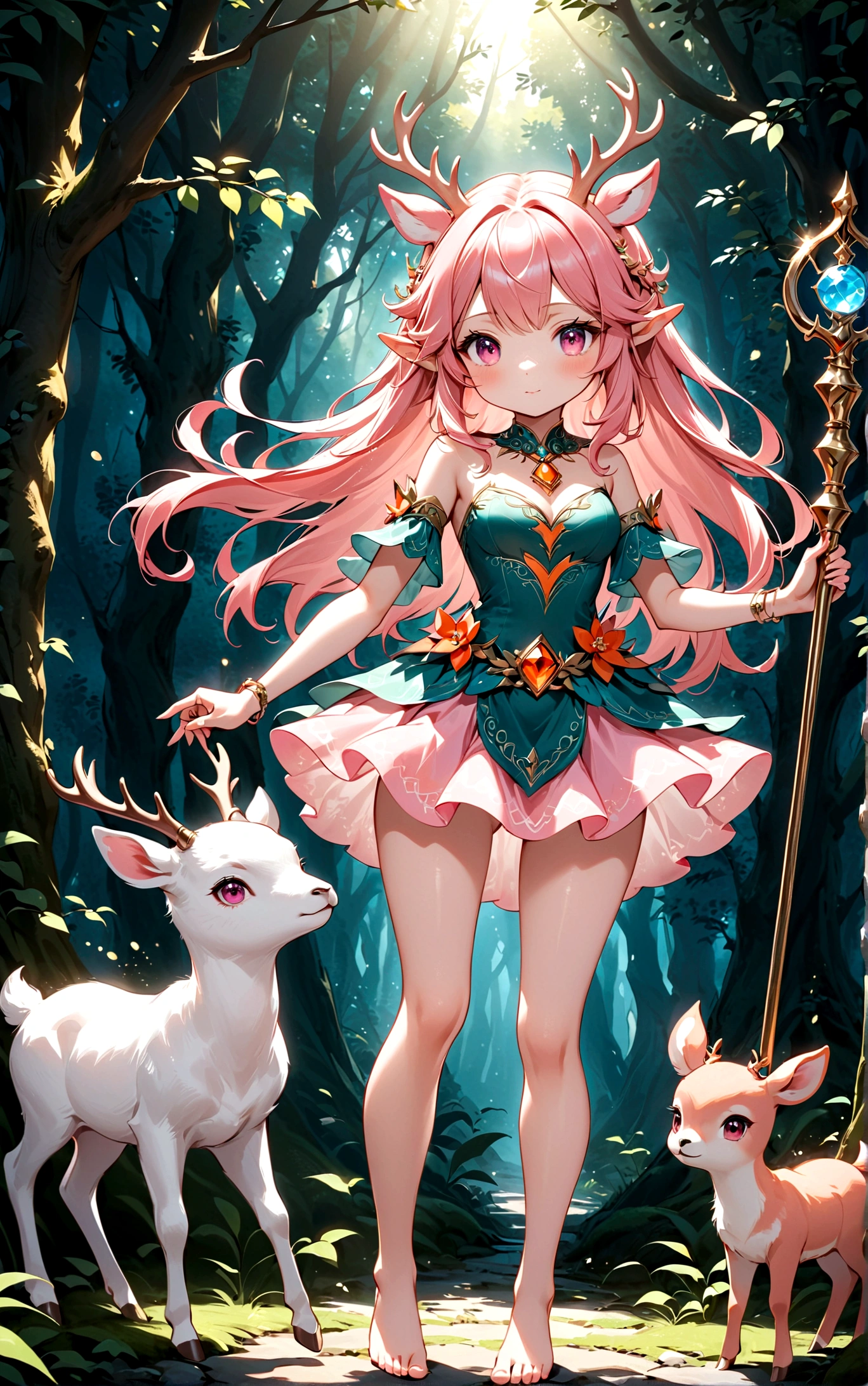 game character，Cartoon anime style，beautiful girl，Cute expression，Fluffy pink hair，Pink Eyes，Cute pink deer antlers，Elf ears，Orange tulle short skirt，Metal gem-encrusted scepter glows，Slender legs，Standing barefoot，Foot ring。(((Correct human anatomy)))，In the magic forest，A cute white deer