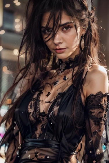 ((1 beautiful girl, gorgeous, large firm push up breasts, black dresses, neckline, 20 years old)),black hairs green eyes),Raw photo,ultra realistic, uhd, realistic skin and hairs, best quality,16k resolution,vivid colors, (((the most beautiful cute girl faces in the world))), ear rings, beautiful make up