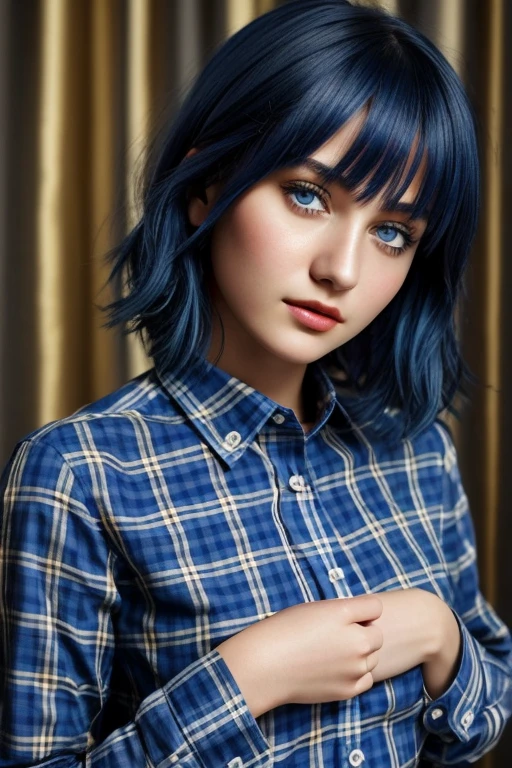 1 девушка в, возраст17, A fragile girl, dark blue hair, a bob, blue eyes, a gray checkered shirt, on her right hand a thin gold bracelet with a blue stone.  Portrait to the chest