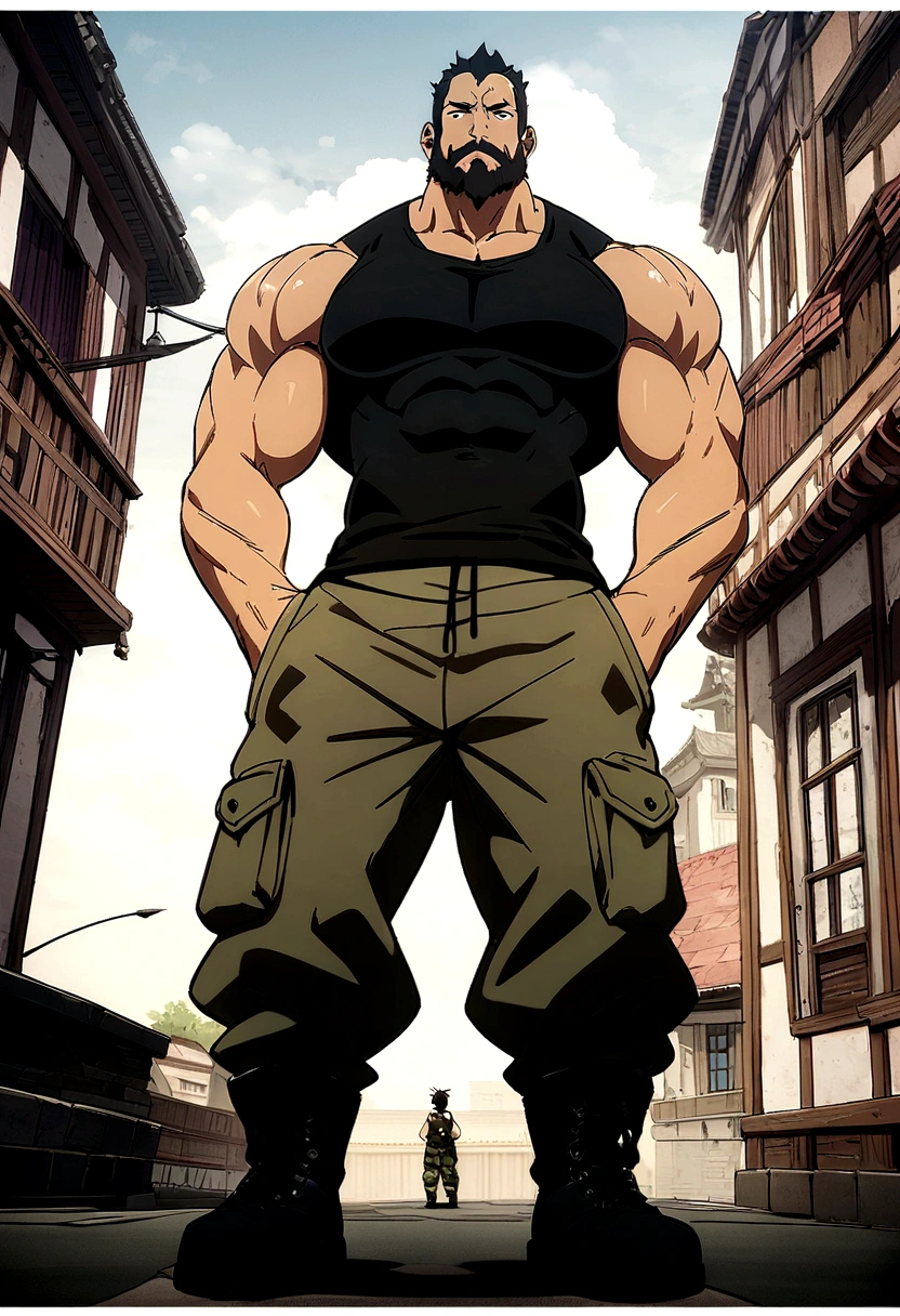 ((Anime style art)), Bottom image, Angle from bottom to top, Extremely muscular male character, Bodybuilder's body, Black short hair,Black beard,Short beard,Wearing a sleeveless V-neck black top, Camouflage pants,Black combat boots,An expression of contempt,Facing,Hands in pockets, Stylistic background, architecture, Anime protagonist character, Nice photos, harddisk, 4K, Black eyes, (((Bottom corner image)))