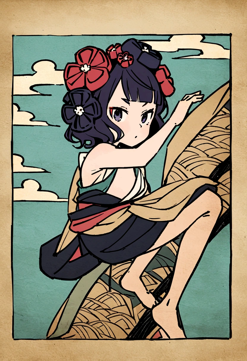 Akafuji、Blue sky、Katsushika Hokusai、high quality、high resolution、Ukiyo-e style、Girl climbing、Rough paper texture、Dull colors