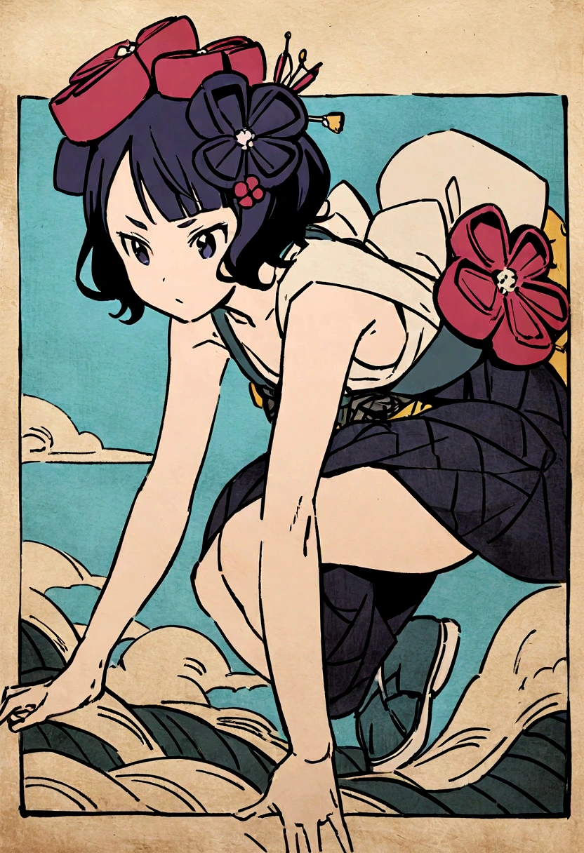 Akafuji、Blue sky、Katsushika Hokusai、high quality、high resolution、Ukiyo-e style、Girl climbing、Rough paper texture、Dull colors