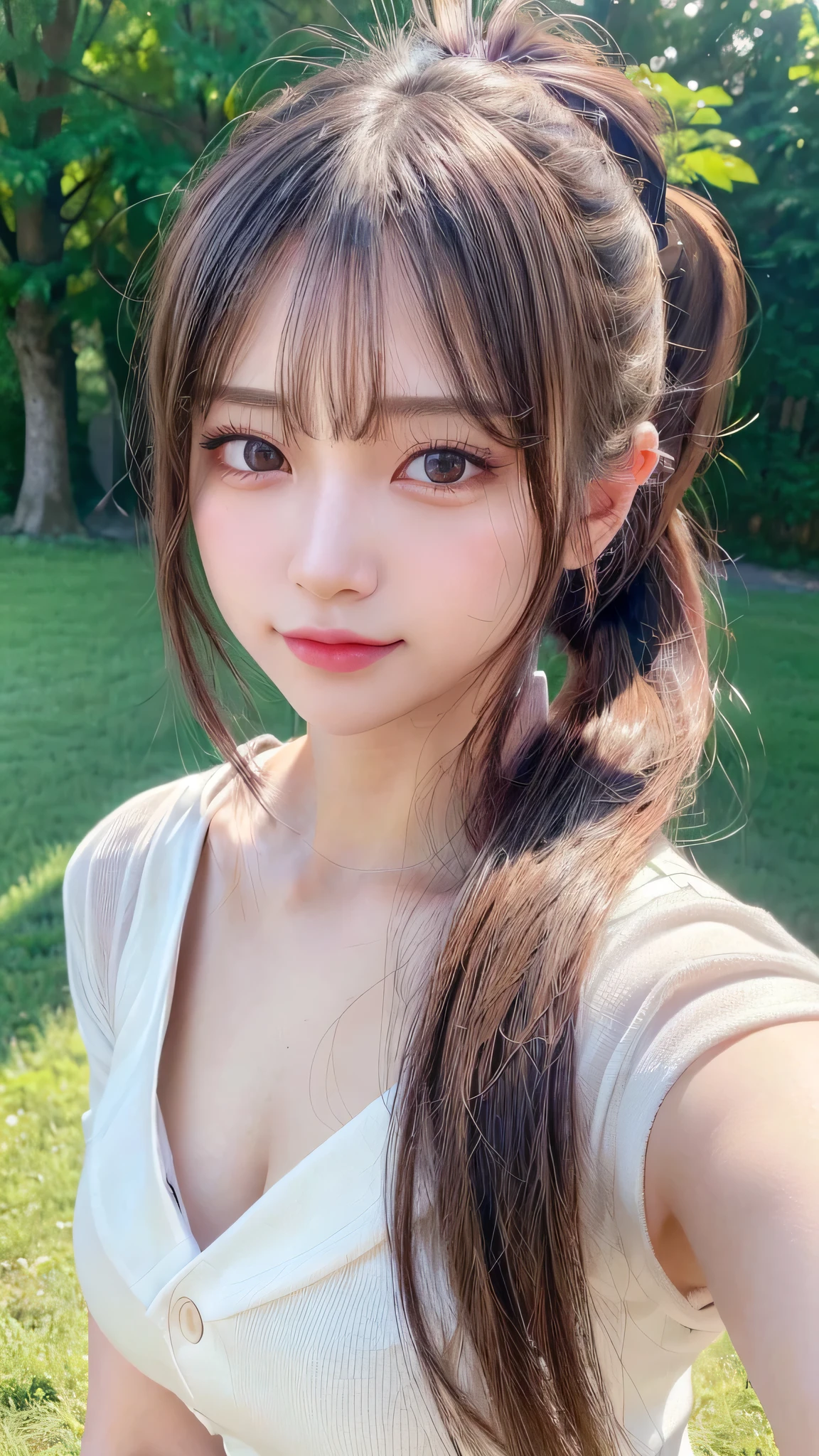 One piece with collar,outdoors,Urban Park,On the lawn,Ultra-detailed, finely detail, hight resolution, 8K Wallpaper, Perfect dynamic composition, Beautiful detailed eyes,Outdoor,Close-up of face,Outdoor,Blushing,Facing forward,,Long hair ponytail,((8k, Raw photo, Best Quality, Mastepiece:1.2), (Realism, Photorealistic:1.4), (Highly detailed 8K wallpapers), Depth of written boundary, Cinematic Lighting, Soft Light, Detailed Beauty Eye,Shiny and smooth light brown ponytail, Asymmetrical bangs, Shiny skin, Ultra-detailed skins ,It is high resolution., High detail, Detailed hairstyle, Detailed facial beauty, Hyper-realistic, Perfect limbs, Perfect Anatomy ,1 Japanese girl,Famous Japanese Idols, Perfect female body,A shy smile,Short eyelashes,Double-edged eyelids,Look straight here,Hair style: ponytail,