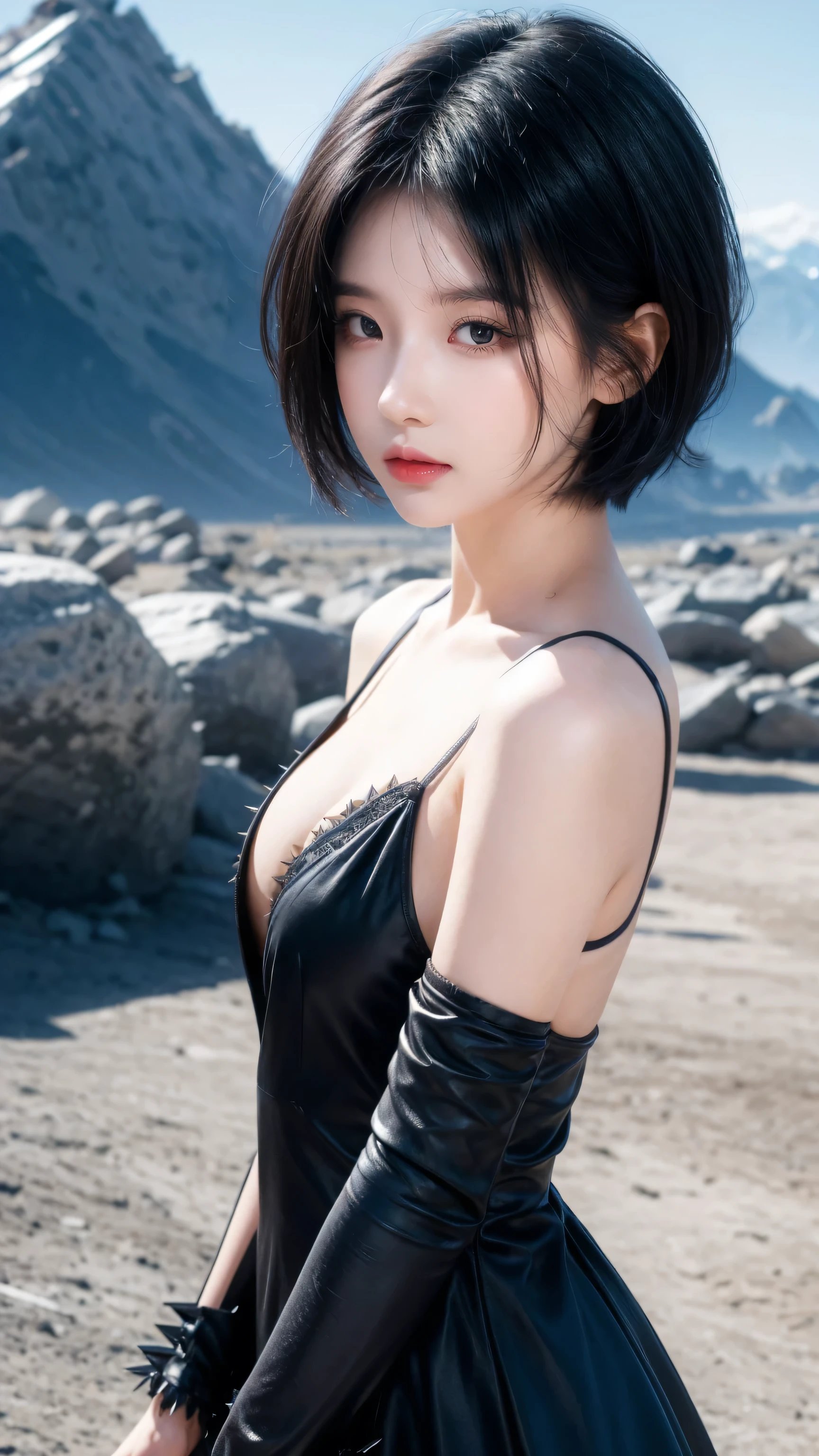 best quality, 1 Girl, dark blue hair, black eyes, Very short hair, Spiky hair, wears sweet brow dress luxury,A cropped dress, 171 cm, Messy hair, Hair between the eyes, Tomboy, aldult, 20 years old, A sweet girl by the mountain