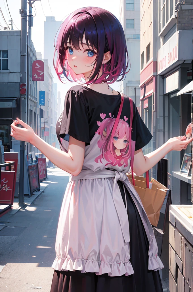 ８K, Highest quality, masterpiece, Ultra-detailed、Black hair,Pink Hair dip-dye hair　、Short Hair、、full lips、Blue Eyes、１８Year-old beauty、Portrait、Cafe、Blushing、、T-Shirts、