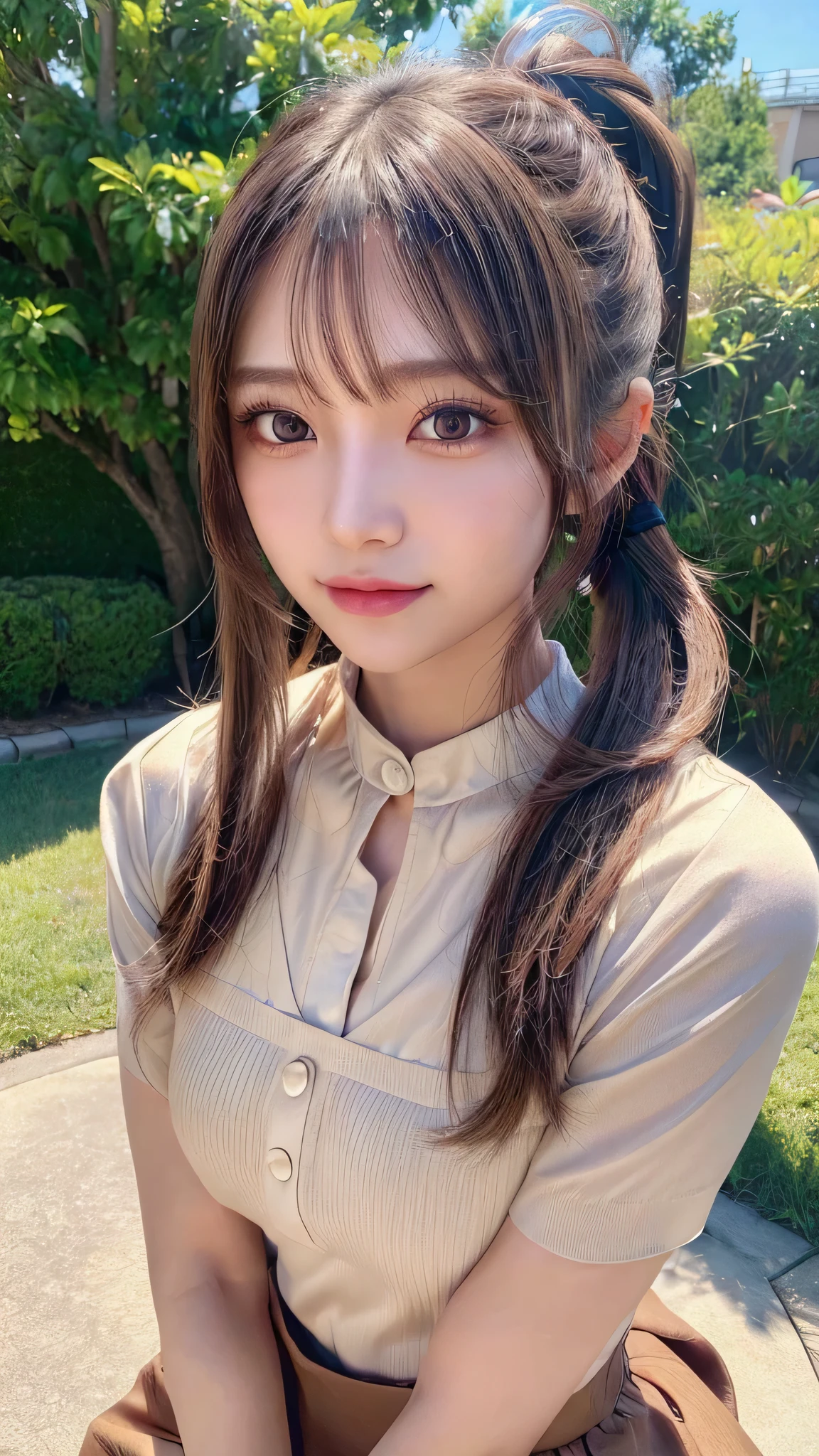 One piece with collar,outdoors,Urban Park,On the lawn,Ultra-detailed, finely detail, hight resolution, 8K Wallpaper, Perfect dynamic composition, Beautiful detailed eyes,Outdoor,Close-up of face,Outdoor,Blushing,Facing forward,,Long hair ponytail,((8k, Raw photo, Best Quality, Mastepiece:1.2), (Realism, Photorealistic:1.4), (Highly detailed 8K wallpapers), Depth of written boundary, Cinematic Lighting, Soft Light, Detailed Beauty Eye,Shiny and smooth light brown ponytail, Asymmetrical bangs, Shiny skin, Ultra-detailed skins ,It is high resolution., High detail, Detailed hairstyle, Detailed facial beauty, Hyper-realistic, Perfect limbs, Perfect Anatomy ,1 Japanese girl,Famous Japanese Idols, Perfect female body,A shy smile,Short eyelashes,Double-edged eyelids,Look straight here,Hair style: ponytail,