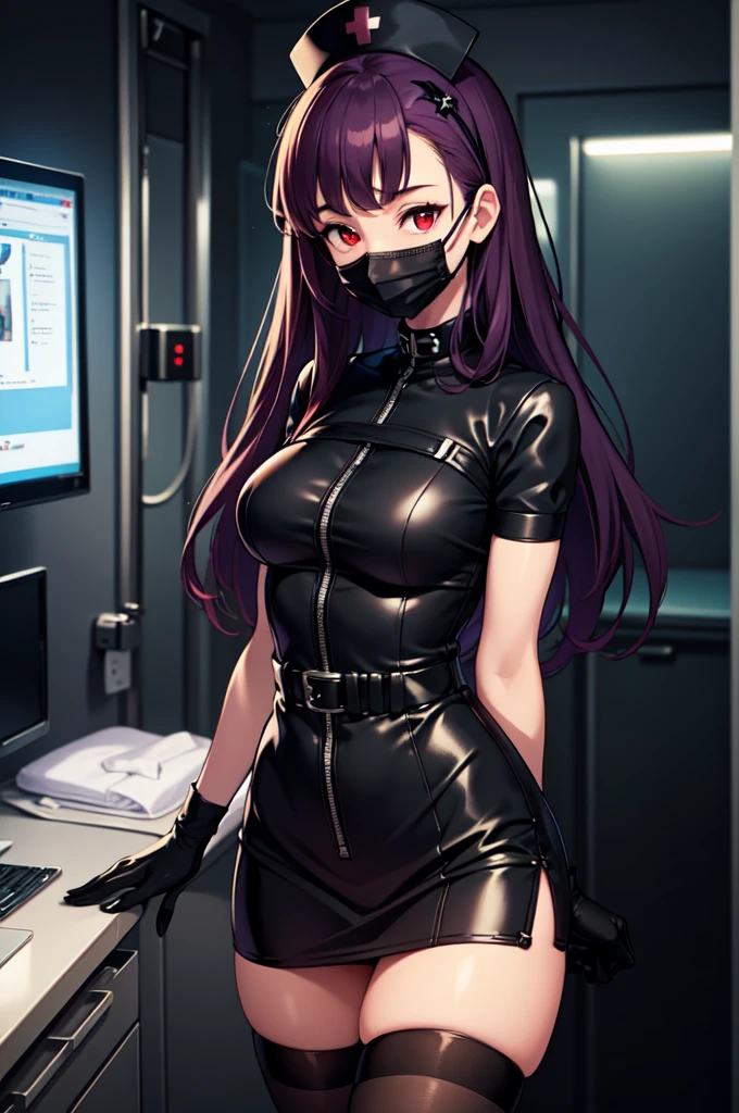 black nurse, 1woman, solo, black nurse cap, black nurse uniform, ((black legwear, zettai ryouiki)), black elbow gloves, long hair, purple hair, red eyes, ((black surgical mask, covered nose)), standing, ((surgery room)), sharp outline, short sleeves, mature female, 35 years old, best quality, masterpiece