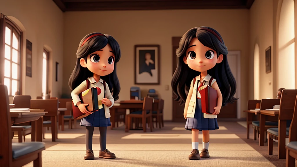 a beautiful young girl student, long black hair, , holding books, walking in a campus, golden hour lighting, 8k, photorealistic, highly detailed, intricate details, cinematic lighting, warm color tones, dramatic depth of field, masterpiece