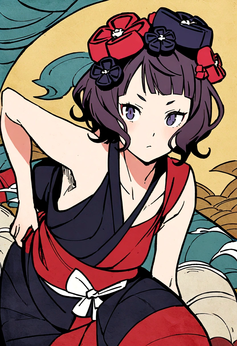 Akafuji、Blue sky、Katsushika Hokusai、high quality、high resolution、Ukiyo-e style、Girl climbing、Rough paper texture、Dull colors