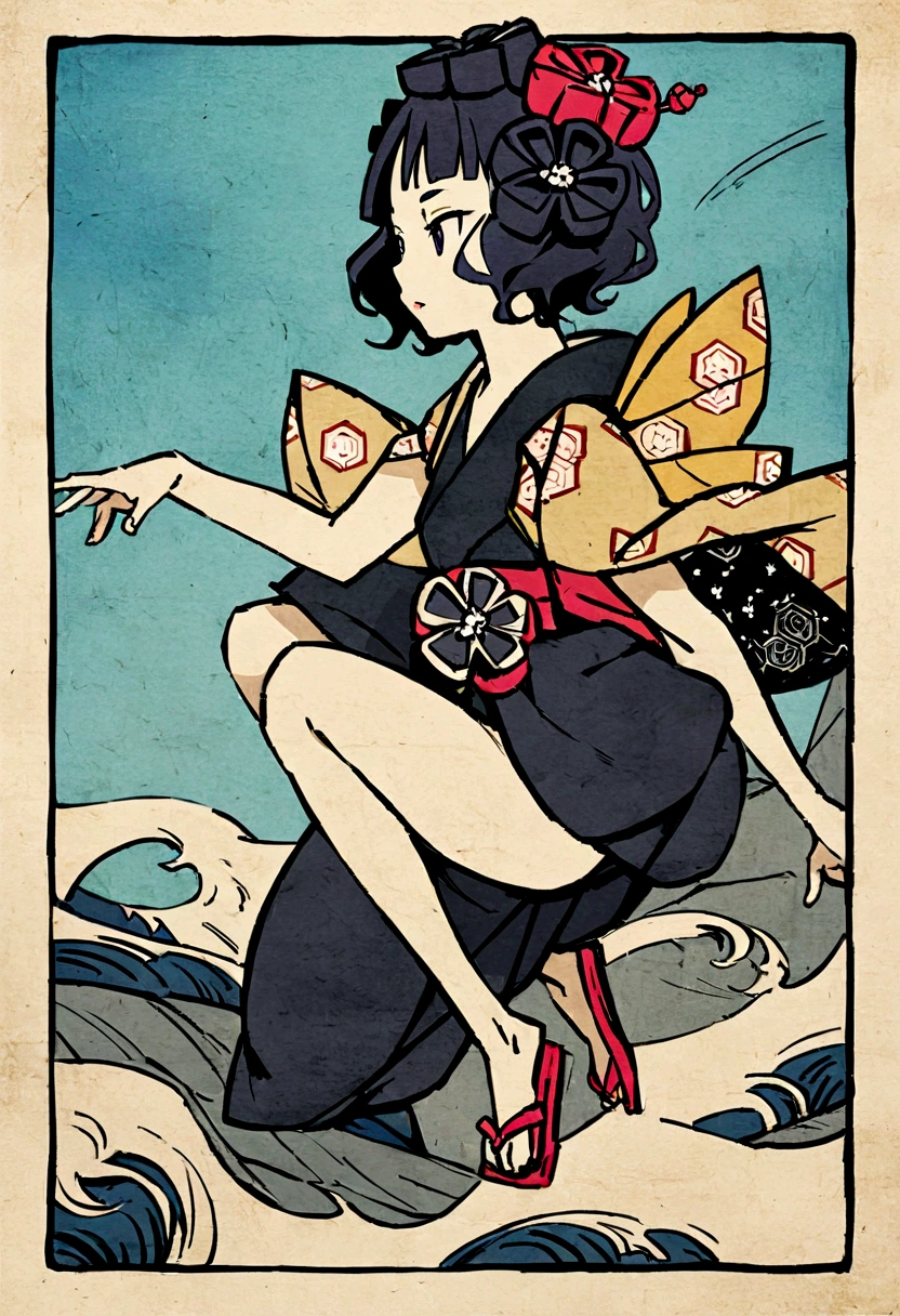 Akafuji、Blue sky、Katsushika Hokusai、high quality、high resolution、Ukiyo-e style、Girl climbing、Rough paper texture、Dull colors