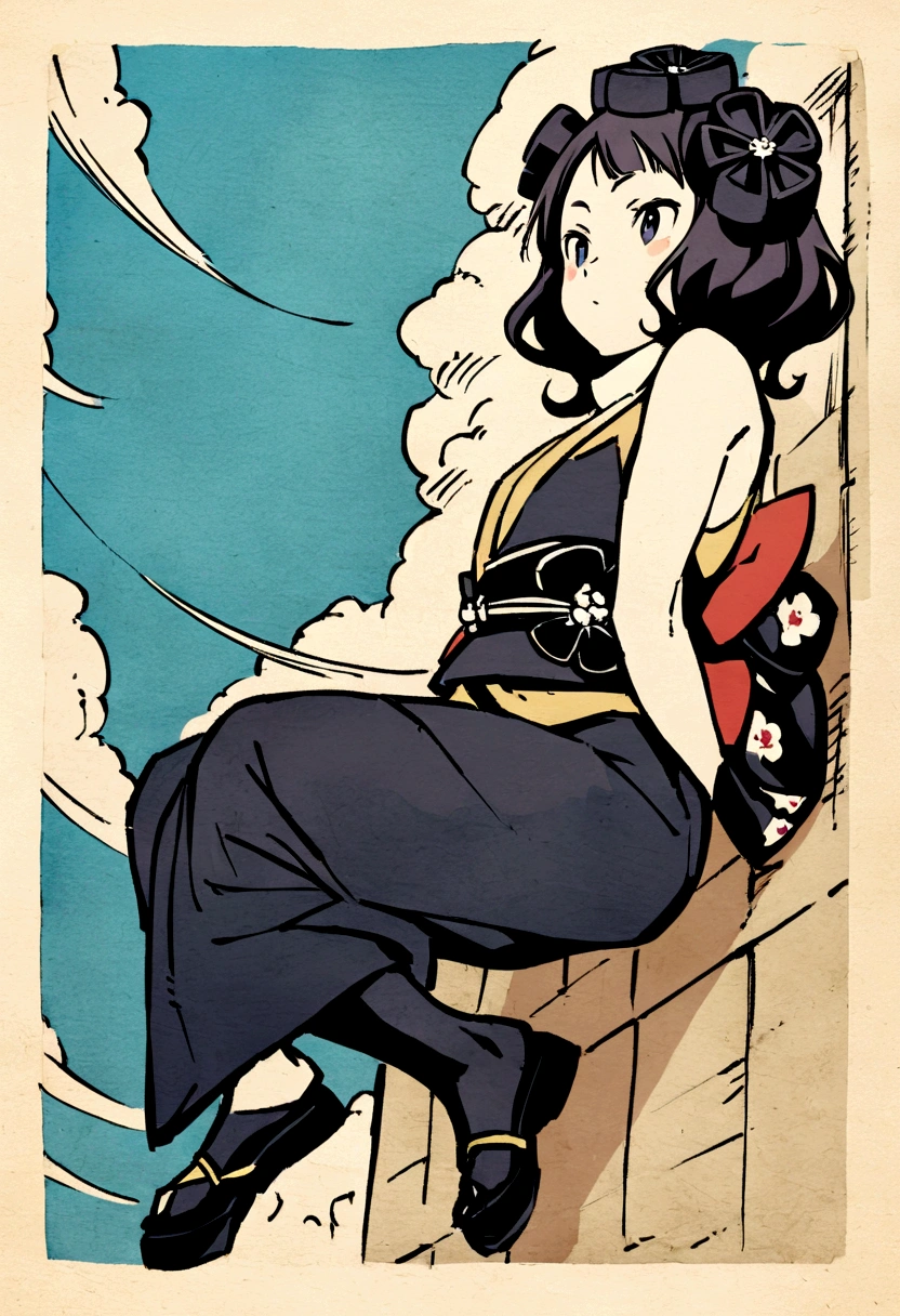 Akafuji、Blue sky、Katsushika Hokusai、high quality、high resolution、Ukiyo-e style、Girl climbing、Rough paper texture、Dull colors