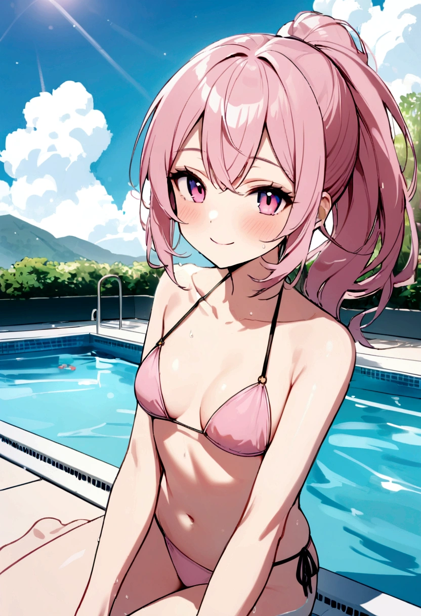 Girl in the pool, hot summer, discreet bikini, she smiles, goticulas de agua fur hair, HD, full intricado, she wears a ponytail, smile and look at you, She is happy, detailded, body skinny, fly away, muito fly away, slightly flushed face, Sunnyday, she has hair with pink highlights, she wears a light pink bikini, 4K