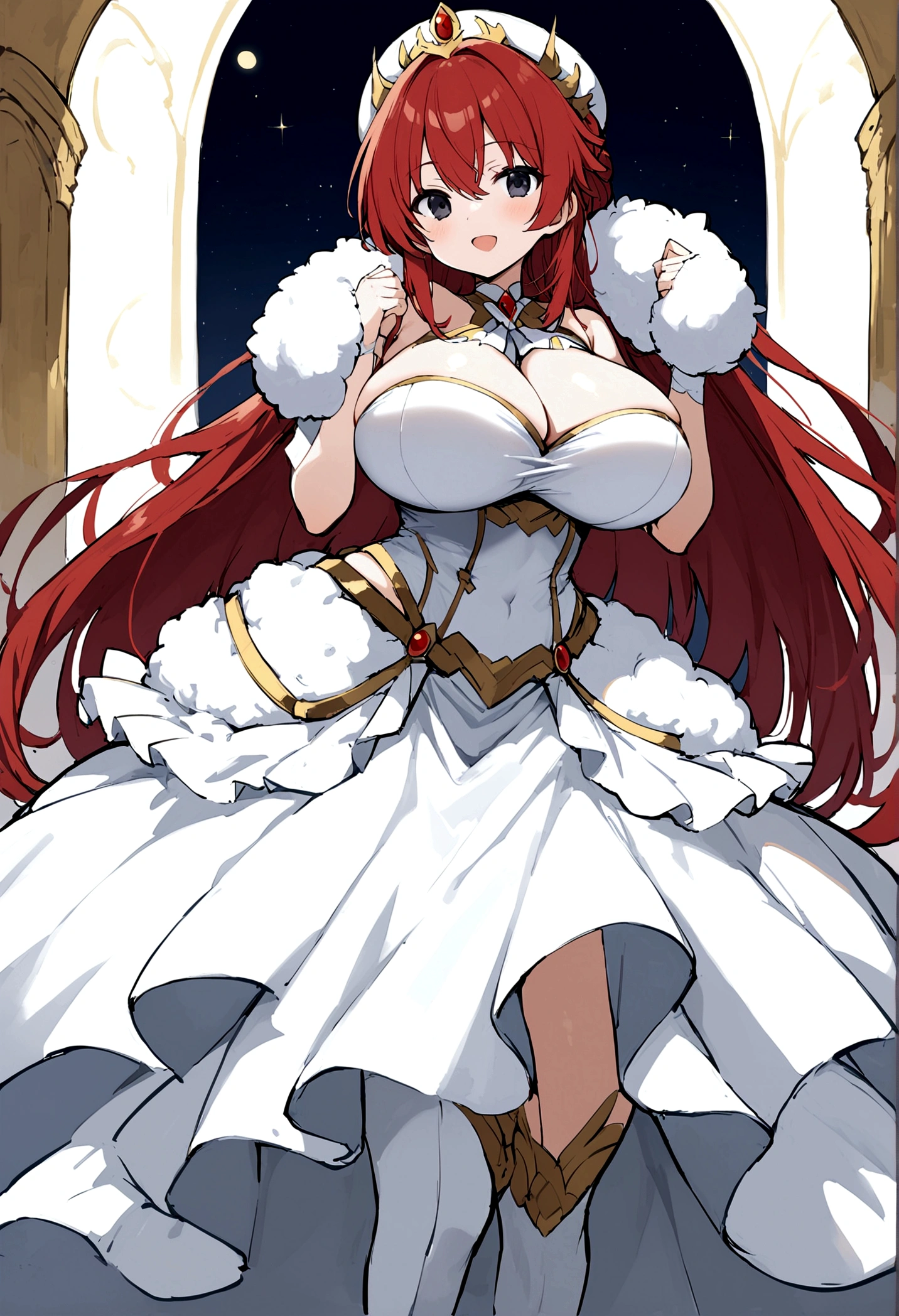 My name is Hikaru, I am a white test woman with long red hair and black eyes. I am 1.60cm tall and weigh 46kg. My breast sizes are 300 cm, my waist is 60 cm and my hips are 200 cm. Dressed in a long gold and white dress with a fluffy skirt like a princess . With big breasts 300 cm