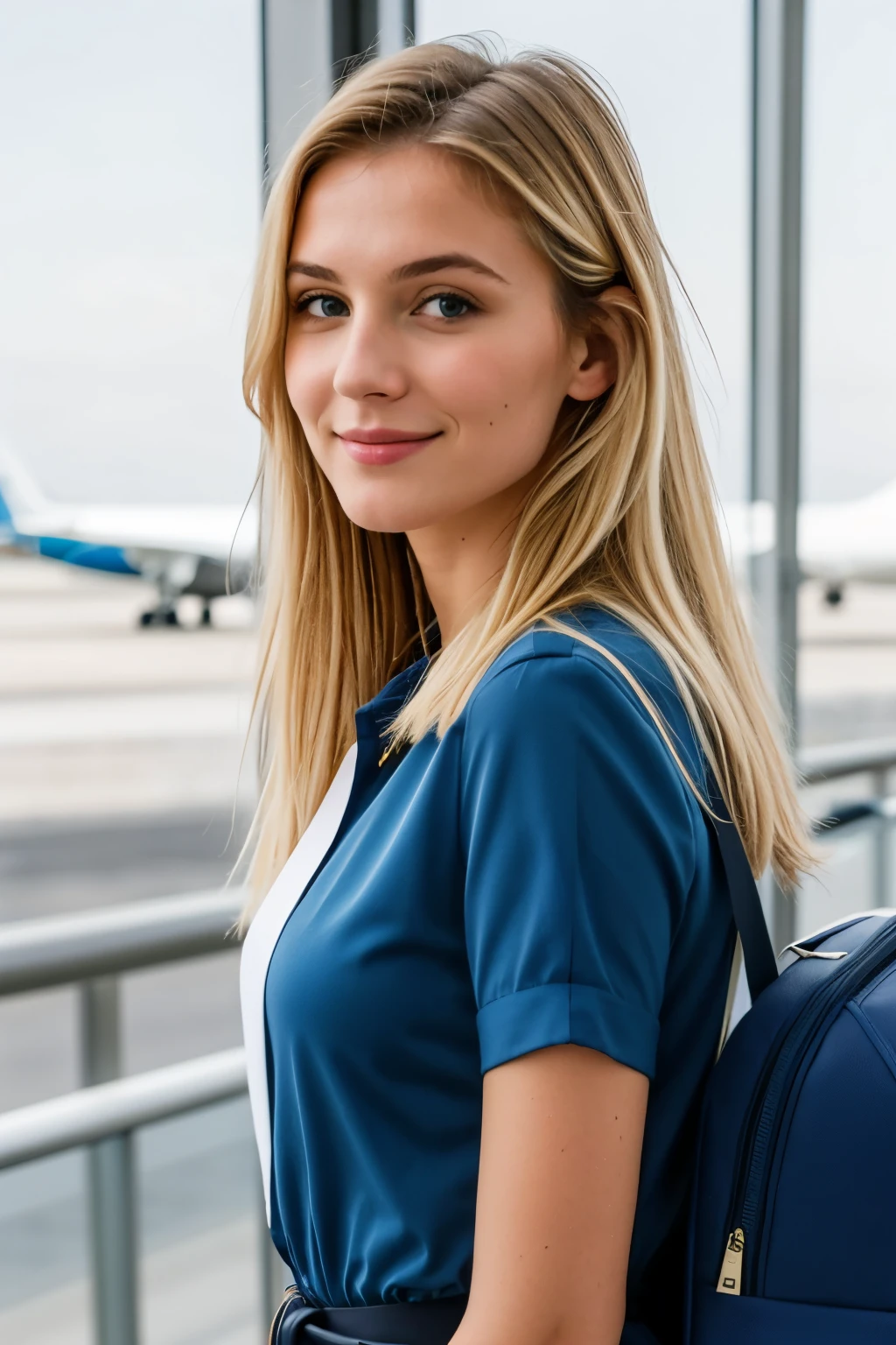 Très belle jeune gamme blonde réaliste, qualité max 8k, les yeux bleus, très réalistes, extrêmement réaliste, habillée avec style pour partir pour un voyage en avion, vêtements extrêmement réalistes. Des valises autour d elle dans un aéroport, aéroport extrêmement réaliste, des gens autour, les personnes sont extrêmement réalistes,