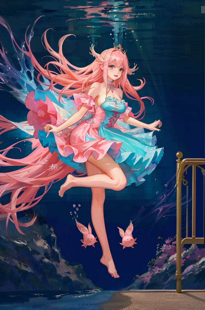 ((best quality)), ((masterpiece)), (detailed), 1 girl, anime girl, ((axolotl girl)), monster girl, blush, gentle smile, pink hair, princess dress, flowing dress, exposed shoulders, underwater background, full body, ((large breasts)), floating pose, teal eyes, beautiful, ((intricate outfit)), ((absurdres)), front view, thick thighs, tiara, barefoot