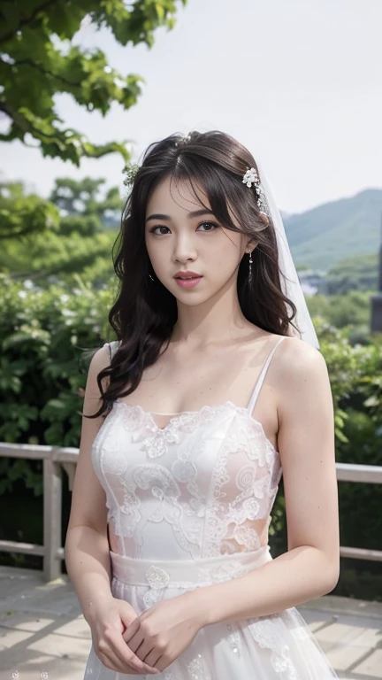photo, photo realistic, (photorealistic:1.4), best quality, high quality, 4K, RAW, masterpiece, realistic lightning, beautiful face,
1girl, solo, (18 years old), (japanese:1.3), gravure idol, (medium breasts),
black hair, (medium hair:1.2), (wavy hair:1.2),
((light) pink lips:1.3), closed mouth, (smiling:0.8),
(bride:1.2), (((white)) wedding lace dress:1.2), wedding veil,
looking at viewer, (upper body), (beautiful arms:1.2), (front view),
BRAKE,
(outdoors:1.4),