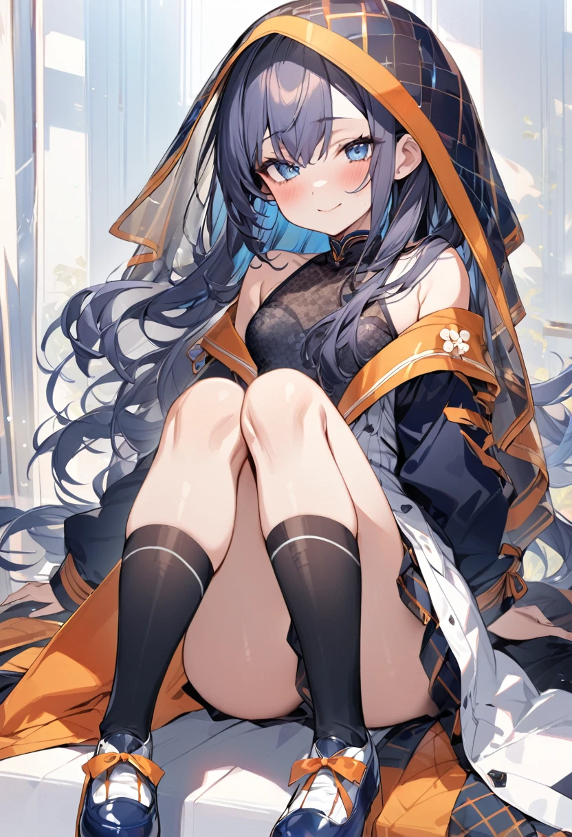 ((Highest quality)), ((masterpiece)), ((Very detailed)), (Very mature),A cute, gentle-looking female high school student with black hair and a height of about 165cm.，A female high school student with a cute smile and small breasts wearing a transparent blue waifus with a cute patterned hood and bare shoulders, A gentle woman with a slightly long vertical face，Small Faced Woman，alone, Cute attitude,(background(bright)，Long Hair - Straight，Knee-high socks、A transparent blue veil with a cute pattern and white hood with off-the-shoulder sleeves，White wall、Sitting、Facing the viewer、縁に模様がある壁が1面のbackground