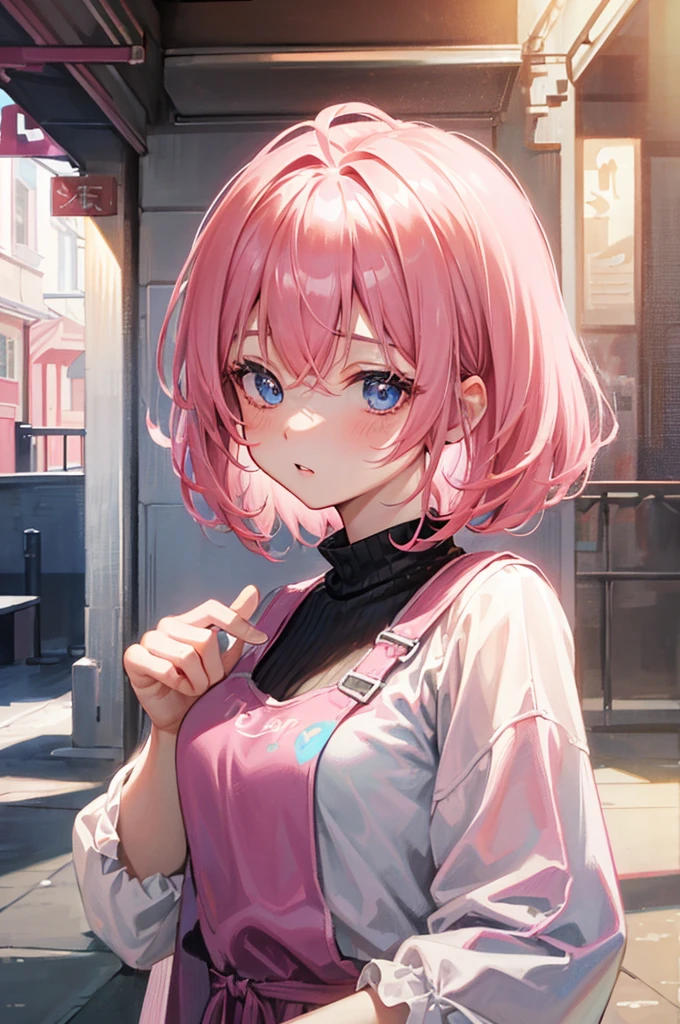 髪のPink hair tips、8K, Highest quality, masterpiece, Ultra-detailed、Black hair,Pink Hair dip-dye hair 、Short Hair、、full lips、Blue Eyes、18Year-old beauty、Portrait、Cafe、Blushing、、T-Shirts、Pink hair tips