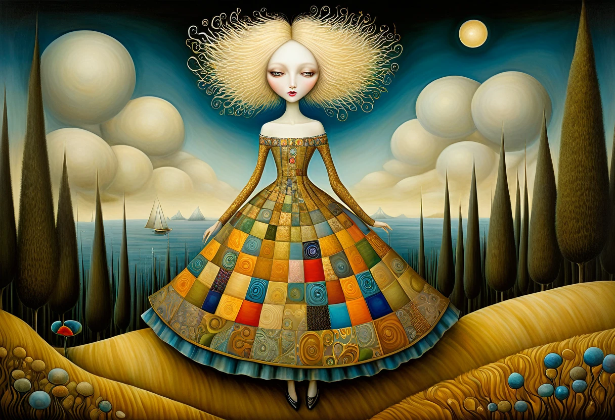 (banned,explicit,adult content:NSFW,censored) Patchwork by Klimt, Nicoletta Ceccoli, Naoto Hattori, Lawrence Didier, Leonora Carrington of European Woman, ash blond hair, light dress with wide neckline and small bust. is on the top of a gentle hill from which you can see the sea and forests of trees of many colors. The wind moves her hair and dress. intricate patterns and details, photorealistic 8k resolution, masterpiece quality, vivid and vibrant colors, dramatic lighting casting surreal shadows, fantastical and whimsical elements, magical realism ambiance, wide-angle perspective creating optical illusions.