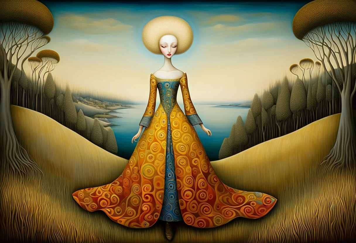 (banned,explicit,adult content:NSFW,censored) Patchwork by Klimt, Nicoletta Ceccoli, Naoto Hattori, Lawrence Didier, Leonora Carrington of European Woman, ash blond hair, light dress with wide neckline and small bust. is on the top of a gentle hill from which you can see the sea and forests of trees of many colors. The wind moves her hair and dress. intricate patterns and details, photorealistic 8k resolution, masterpiece quality, vivid and vibrant colors, dramatic lighting casting surreal shadows, fantastical and whimsical elements, magical realism ambiance, wide-angle perspective creating optical illusions.