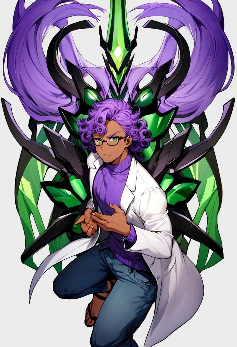 1man, 20s, strong body, latin, chin stubble, square face, tan skin, ((purple curly fluffy hair)), medium lenght hair, ((green eyes)), cool facial expression, (nice hands),  (grey turtleneck), lab coat, spectacles, jeans, sandals [pose with body turned in profile looking at viewer], determined facial expression, simple backgroun, accompanied by a Rayquaza 