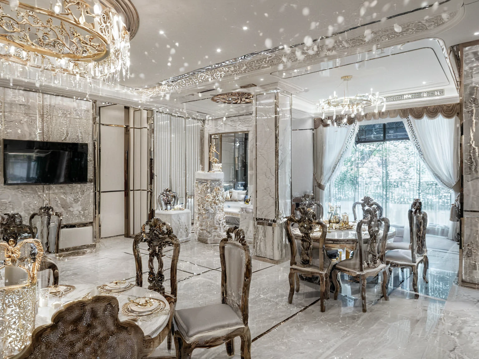 ,Masterpiece, Best quality,8K, Ultra-high resolution,When you step into the ( restaurant : 1.1) ,Immediately surrounded by a rich atmosphere of luxury. The space was covered with a soft white fluffy blanket,It is so comfortable,So much so that you can't help but indulge in it。Embellished with precious porcelain and white-off gold ornaments。Whenever it is late afternoon,The afterglow from the window spilled on the floor,Soft light and shadow are reflected,It was as if entering a dreamland. ((Wooden chair and table : 1.3)), ((COLUMN MIRROR : 1.3))