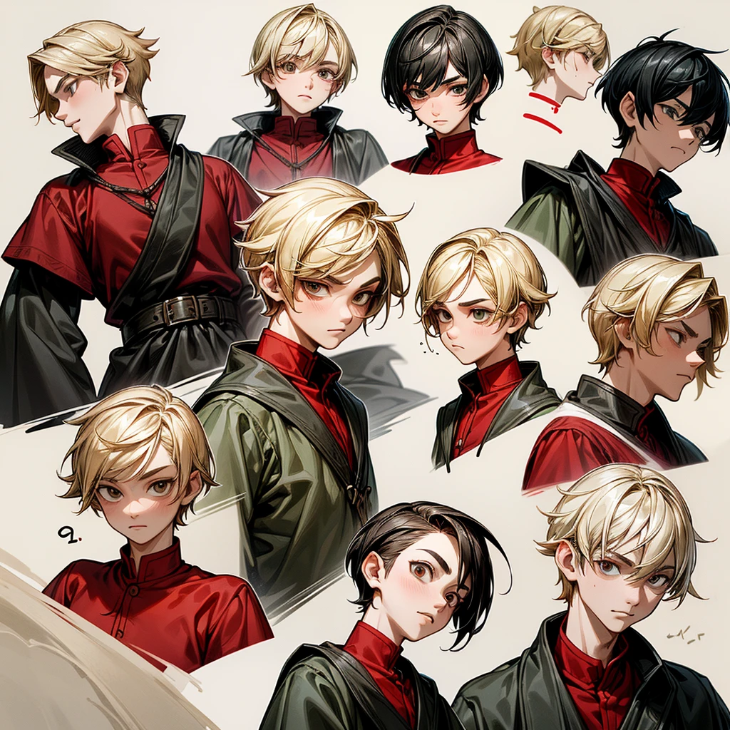((expressions sheet)), (simplified face portrait), (half-body), (fantasy medieval clothes)), (red shirt), (belts on clothes), (solo), (1boy), His face is a mix of Asian and Western, Pixie cut hair style, blonde hair color, hazel eyes, big eyes, droopy eyebrows, small lips, medieval clothes, villager, there is a burn on his neck
