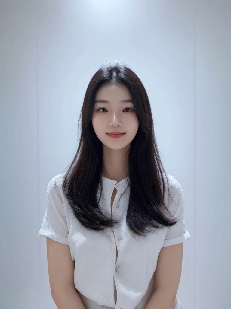 Best Quality, 8k, Masterpiece, (Portrait: 1.3), (photo realistic:1.4), (hyper realistic:1.4), Sharp Focus, looking at viewer, (smoother lighting:1.1), (increase cinematic lighting quality:0.9), realistic lighting, backlighting, light on face, ray trace, (brightening light:1.2), (Increase quality:1.4), sharp detail, (best quality real texture skin:1.4), finely detailed eyes, black_eyes, finely detailed face, 25 year old Korean woman.smiling_face