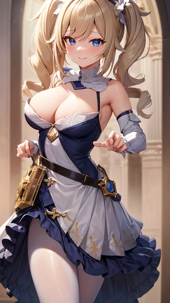 (extremely detailed CG unity 8k wallpaper,masterpiece, best quality, ultra-detailed, beautiful detailed eyes:1.2), high saturation, 1girl, barbara \(genshin impact\), frilled dress, bare shoulders, blonde hair, twintails, dancing, church, smile, looking at viewer,