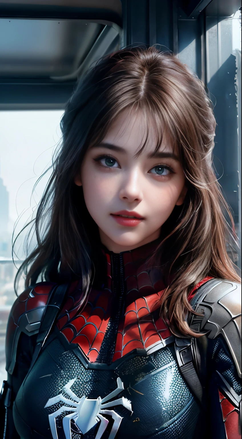 (1girl:1.3), Solo, (((Very detailed face)))), ((Very detailed eyes and face)))), Beautiful detail eyes, Body parts__, Official art, Unified 8k wallpaper, Super detailed, beautiful and beautiful, beautiful, masterpiece, best quality, original, masterpiece, super fine photo, best quality, super high resolution, realistic realism, sunlight, full body portrait, amazing beauty, dynamic pose, delicate face, vibrant eyes, (from the front), She wears Spider-Man suit, red and black color scheme, spider, very detailed city roof background, rooftop, overlooking the city, detailed face, detailed complex busy background, messy, gorgeous, milky white, highly detailed skin, realistic skin details, visible pores, clear focus, volumetric fog, 8k uhd, DSLR, high quality, film grain, fair skin, photo realism, lomography, futuristic dystopian megalopolis, translucent clothes more tight