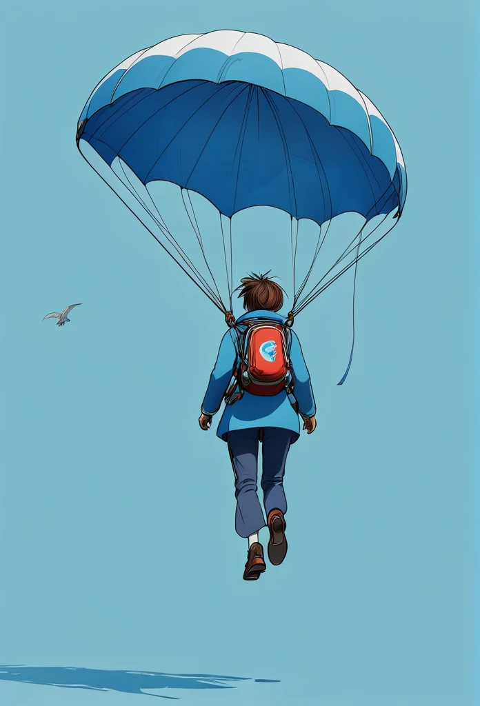 a Minimalist journey of full body shot of strolling on the Besch as the film character flying on a parachute blue background in the style of ::2 --chaos 40 --ar 71:128