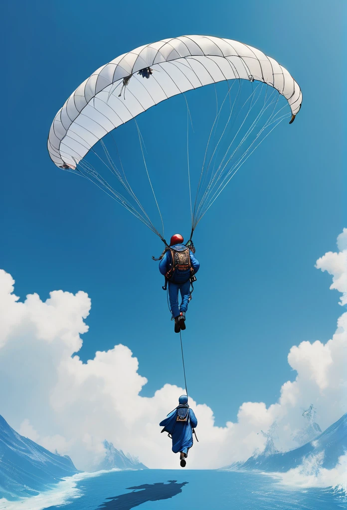 a Minimalist journey of full body shot of strolling on the Besch as the film character flying on a parachute blue background in the style of ::2 --chaos 40 --ar 71:128