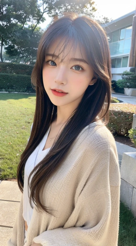 Generate an image of a stunning young girl with clear eyes and fair Asian skin. (Portrait, Realistic Style, Outdoor Setting, Soft Lighting, High Quality, Minimal Noise, Warm Colors, Impressionistic Brushwork, Artstation Influence, Modern Clothing, Wide-Angle Lens)