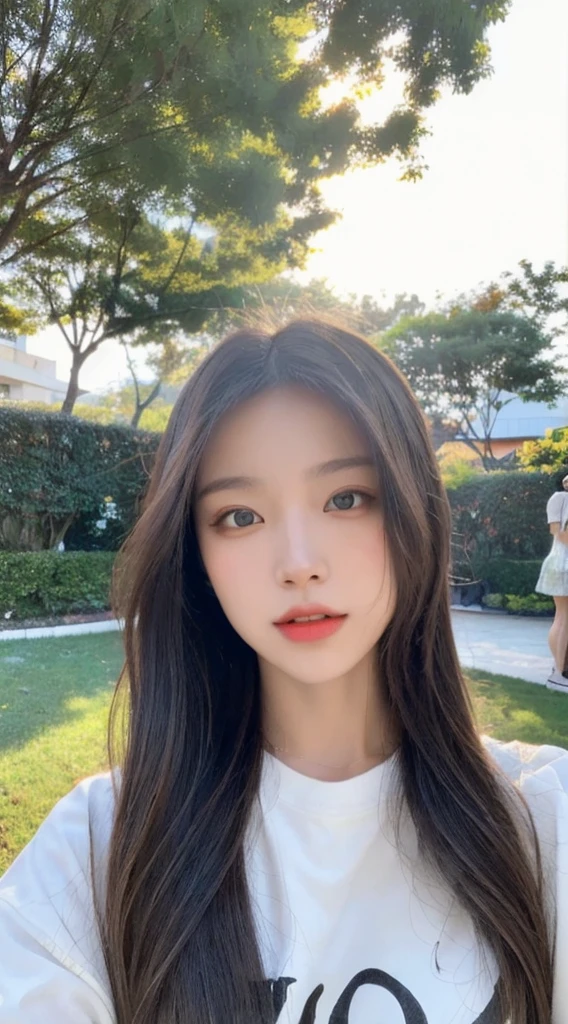 Generate an image of a stunning young girl with clear eyes and fair Asian skin. (Portrait, Realistic Style, Outdoor Setting, Soft Lighting, High Quality, Minimal Noise, Warm Colors, Impressionistic Brushwork, Artstation Influence, Modern Clothing, Wide-Angle Lens)