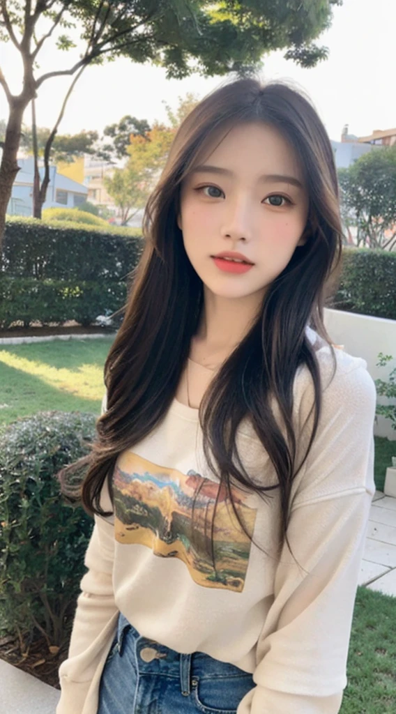 Generate an image of a stunning young girl with clear eyes and fair Asian skin. (Portrait, Realistic Style, Outdoor Setting, Soft Lighting, High Quality, Minimal Noise, Warm Colors, Impressionistic Brushwork, Artstation Influence, Modern Clothing, Wide-Angle Lens)
