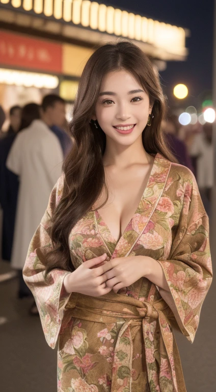 ((highest quality、8k、master piece:1.3))、Self snap、beautiful woman with perfect figure:1.4、(brown long hair、normal breasts:1.3)、(floral pattern yukata)、Highly detailed face and skin texture、detailed eye、double eyelid、laughter:1.5、Full body Esbian、~sacrifice to、in the street、night