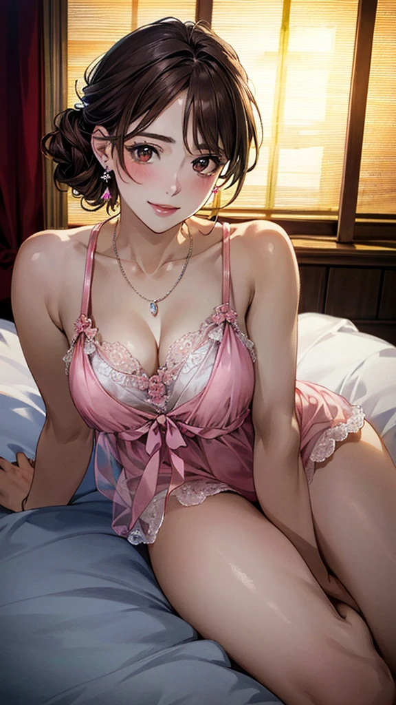 (masterpiece:1.3, Highest quality, Ultra-high resolution, Super detailed), (Realistic, photoRealistic:1.4), Beautiful illustrations, Perfect lighting, colorful, Depth of written boundary, Beautiful detailed hair, Beautifully detailed face, Beautiful fine details, Droopy eyes、Beautiful clavicle, Beautiful body, 美しいLarge Breasts, Beautiful thighs, Beautiful feet, Beautiful fingers, View Viewer、Front view:0.6, Beauty1人, Japanese, Beauty、30 years old, Perfect Face, (Perfect Anatomy, Anatomically correct), Cute and symmetrical face, Baby Face, , Shiny skin, (Pink Babydoll:1.4) 、(Dark brown hair, Updo Hair:1.4), braided bangs、Dark brown eyes, Large Breasts, Slim body, necklace, Small earrings:1.1, (Beautiful views),(night),( A luxury hotel room),Lying on the bed in a sexy pose、 A soft smile、(Smile, Lips parted),