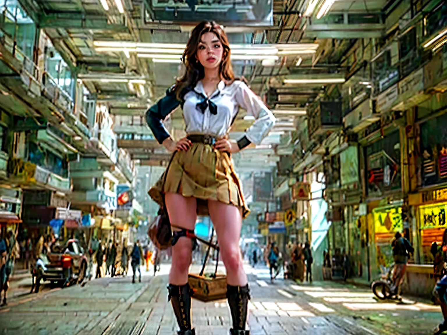 A woman in a skirt stands, author：Don Maitz, Portrait of Sofia Vergara, Propaganda Art, Attractive brown-haired woman, Retro Punk, The protagonist is in the foreground, Louis Ball (Louis Pohl) of inspiration, mechanical, Animated visual of a young woman, Compute shaders, Inspired by Donato Giancola, YouTube thumbnail, Chrome Art  