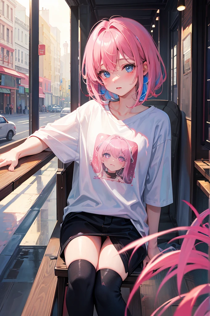 8K, Highest quality, masterpiece, Ultra-detailed、Black hair、Pink Hair streaked hair、Short Hair、、full lips、Blue Eyes、18Year-old beauty、Portrait、Cafe、Blushing、、T-Shirts、