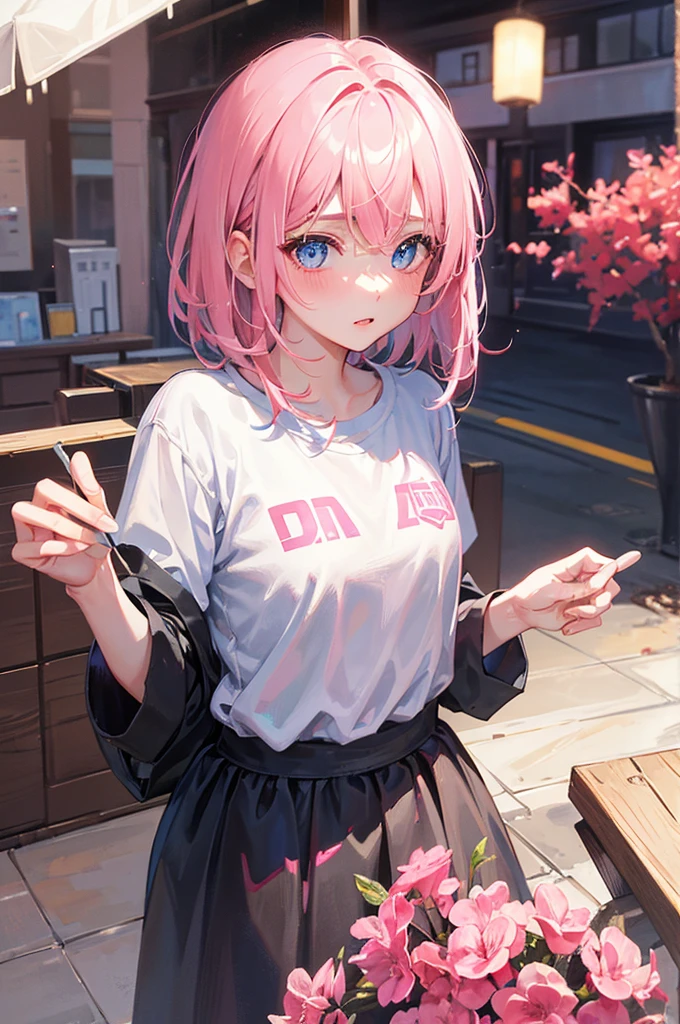 8K, Highest quality, masterpiece, Ultra-detailed、Black hair、Pink Hair streaked hair、Short Hair、、full lips、Blue Eyes、18Year-old beauty、Portrait、Cafe、Blushing、、T-Shirts、