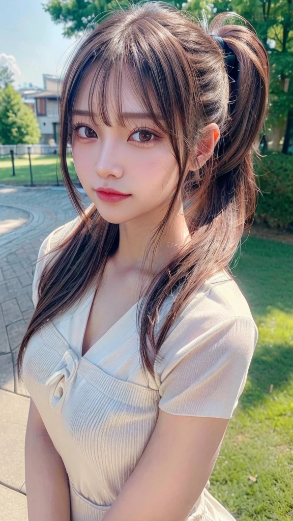 One piece with collar,outdoors,Urban Park,On the lawn,Ultra-detailed, finely detail, hight resolution, 8K Wallpaper, Perfect dynamic composition, Beautiful detailed eyes,Outdoor,Close-up of face,Outdoor,Blushing,Facing forward,,Long hair ponytail,((8k, Raw photo, Best Quality, Mastepiece:1.2), (Realism, Photorealistic:1.4), (Highly detailed 8K wallpapers), Depth of written boundary, Cinematic Lighting, Soft Light, Detailed Beauty Eye,Shiny and smooth light brown ponytail, Asymmetrical bangs, Shiny skin, Ultra-detailed skins ,It is high resolution., High detail, Detailed hairstyle, Detailed facial beauty, Hyper-realistic, Perfect limbs, Perfect Anatomy ,1 Japanese girl,Famous Japanese Idols, Perfect female body,A shy smile,Short eyelashes,Double-edged eyelids,Look straight here,Hair style: ponytail,