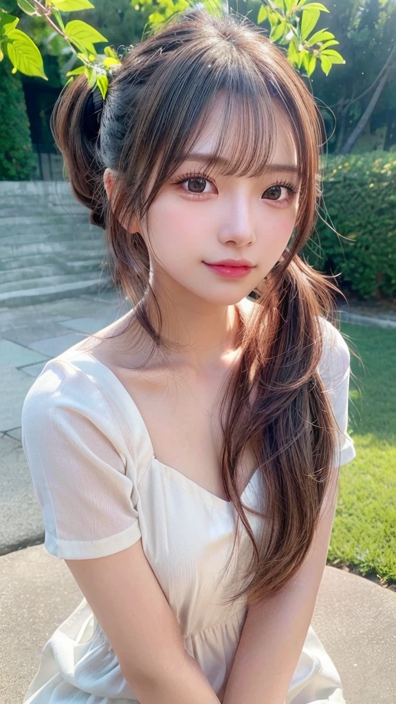 One piece with collar,outdoors,Urban Park,On the lawn,Ultra-detailed, finely detail, hight resolution, 8K Wallpaper, Perfect dynamic composition, Beautiful detailed eyes,Outdoor,Close-up of face,Outdoor,Blushing,Facing forward,,Long hair ponytail,((8k, Raw photo, Best Quality, Mastepiece:1.2), (Realism, Photorealistic:1.4), (Highly detailed 8K wallpapers), Depth of written boundary, Cinematic Lighting, Soft Light, Detailed Beauty Eye,Shiny and smooth light brown ponytail, Asymmetrical bangs, Shiny skin, Ultra-detailed skins ,It is high resolution., High detail, Detailed hairstyle, Detailed facial beauty, Hyper-realistic, Perfect limbs, Perfect Anatomy ,1 Japanese girl,Famous Japanese Idols, Perfect female body,A shy smile,Short eyelashes,Double-edged eyelids,Look straight here,Hair style: ponytail,