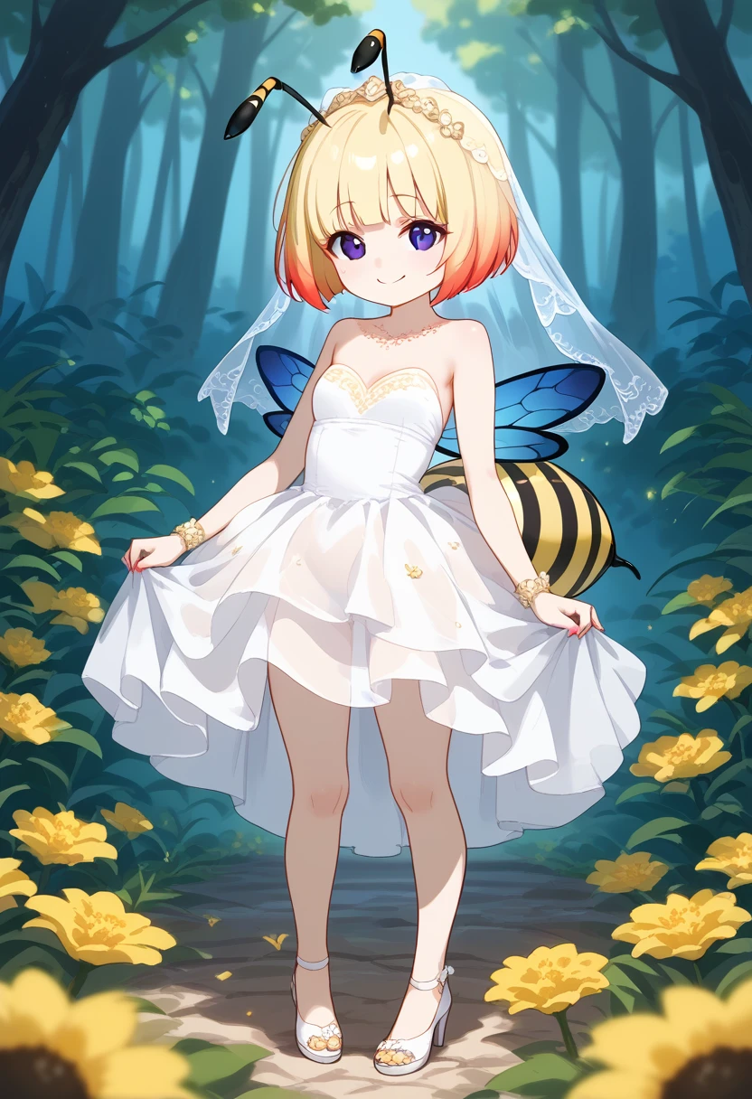 score_9, score_7_up, score_6_up, 1girl, source_cartoon, source_anime,breathtalking Scenery,watercolor,smooth soft skin, natural skin,
BREAK
(hornet girl:1.4), bee girl,(little female child:1.3), (loli:1.3),6 yo, smile,baby face,small breast, cute face,oily skin,(Phat ass:0.8)
BREAK
(black bob cut:1.5),(yellow gradient hair:1.2),(yellow dip-dye hair:1.1),(black lob hair:1.2),ahoge,(nail_polish:1.1), black eyes,
BREAK
(bee antennae:1.3), (PVC material Extremely small bee wings:1.1), (bee wings:1.1),symmetry bee wings,
BREAK
(empire-Line wedding dress:1.1),(silk veil:1.3),high heel,see-through silk cape,(blush:0.8),pierce,
BREAK
In a secluded setting, surrounded by a dense forest, the bog lay hidden like a secret gem, its misty surface whispering tales of ancient times,dynamicangle,dynamicpose,
