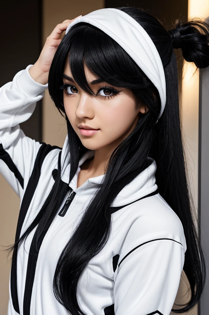 A female Boku no hero academy character with long shiny straight black hair, white skin color, bright black eyes with long eyelashes and black eyeliner, and with a sporty black onesie 