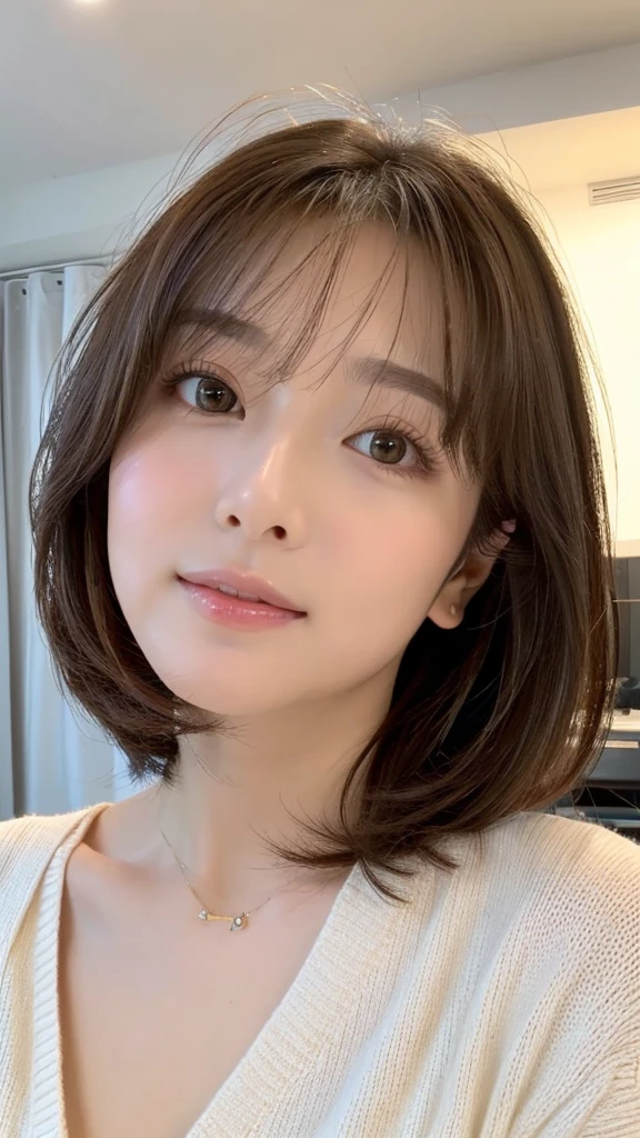 masterpiece、highest quality、High resolution、realistic、bright lighting、smooth lighting、japanese woman、Adult pretty woman、super beautiful、beautiful skin、slim、big breasts、short hair、shiny chestnut hair、brown eyes、Big eyes、Invisible tear bags、gentle expression、look at the camera、Big eyes、light brown knit、long skirt in dark brown color,,、Standing in front of you:1.3、YouTube、clear white skin、28 years old、baby face、droopy eyes、head and all、light makeup、show your chest、