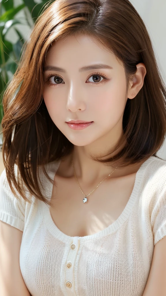 8k, highest quality, masterpiece, Realistic, Realistic, Very detailed, Natural light, Highly detailed face and skin, Fine grain, Highly detailed face and skinの中間ショット, Beautiful woman looking back at the camera, Beautiful Face, Realistic Face, Detailed face, Beautiful hairstyle, Realistic eyes, fine grain, Realistic Skin, Detailed skin, Beautiful Skin, charm, Ultra-realistic, ((necklace,cardigan, kind, Brown Hair, Cute Japanese Girl, whole body,Dimples,whole bodyショット)),
