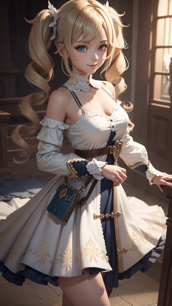 (extremely detailed CG unity 8k wallpaper,masterpiece, best quality, ultra-detailed, beautiful detailed eyes:1.2), high saturation, 1girl, barbara \(genshin impact\), frilled dress, bare shoulders, blonde hair, twintails, dancing, church, smile, looking at viewer,